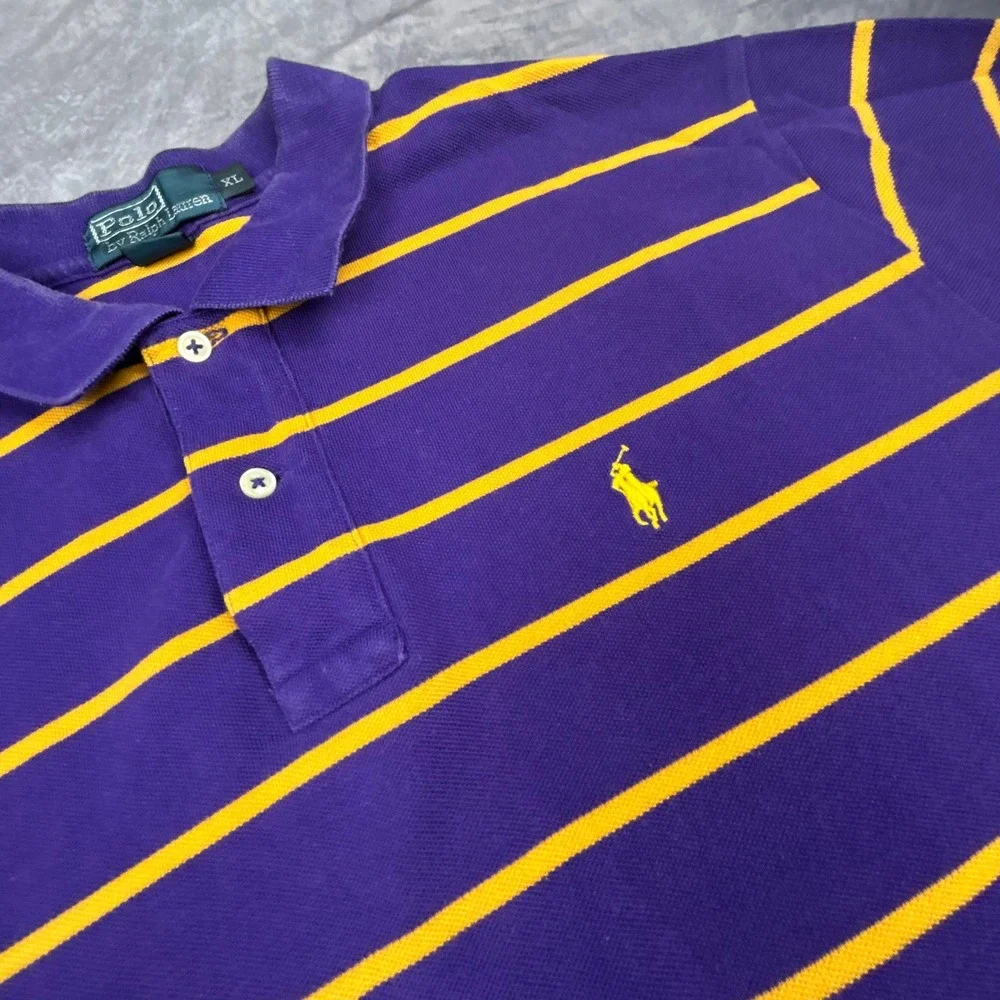 Polo Ralph Lauren Striped Polo Shirt Mens XL Purple Yellow Y2K Vintage Boxy Fit